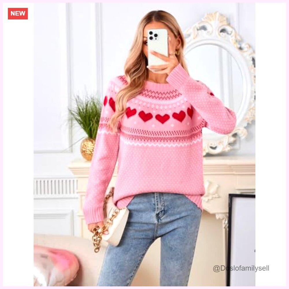 Fair Isle Heart Pattern Pullover Sweater Long Sleeve Crew Neck Loose Casual - Picture 4 of 7